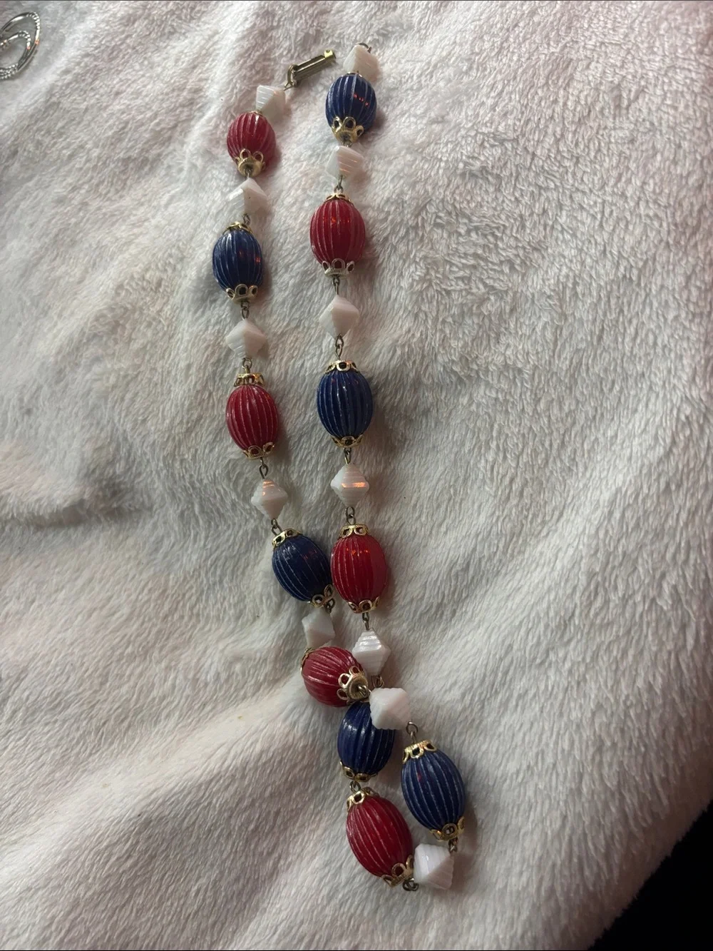 Antique Beaded Red, Navy & White Statement Necklace